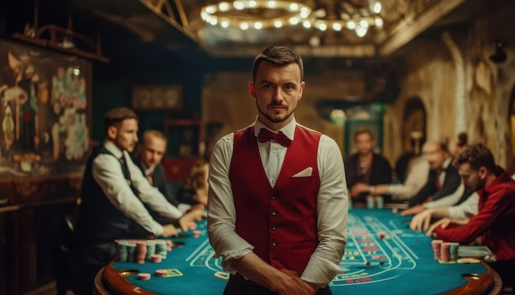Antarmuka permainan blackjack dengan opsi Hit dan Stand